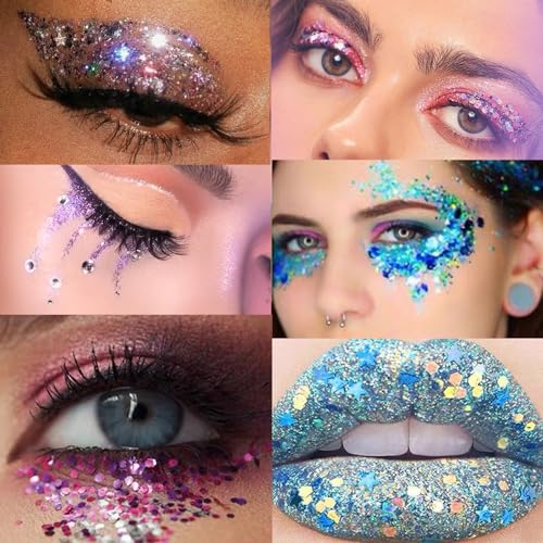 Body Glitter Gel, Face Glitter Gel,Hair Glitter, Holographi Sparkling Glitter Gel for Makeup, Chunky Glitter Concerts Musi...