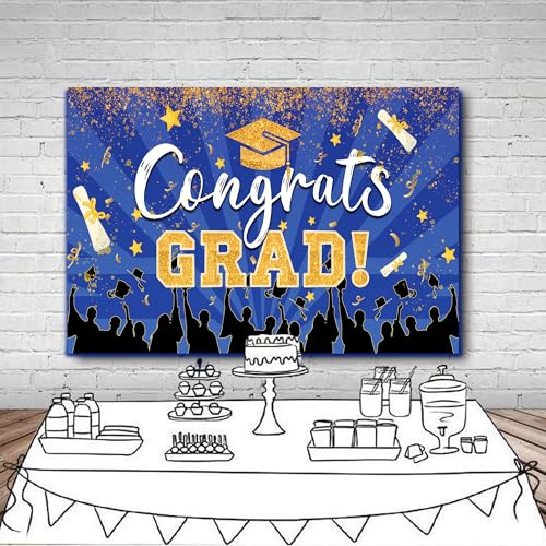 2026 Congrats Grad Graduation Backdrops 10x8 FT Blue and Gold Picture Background Class of 2026 Graduation Prom Party Banne...