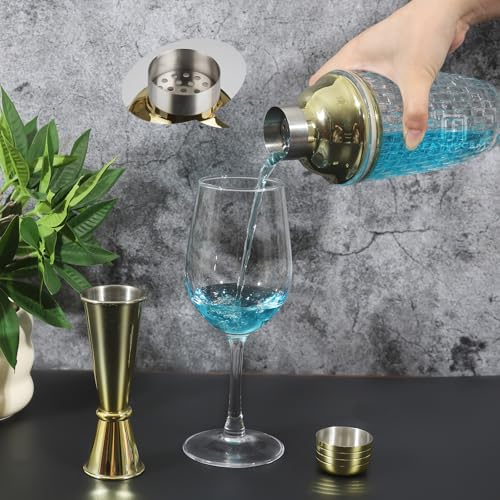 FayuuGem Gold Cocktail Shaker Set - 13oz Glass Mixing Kit with Secure Seal Lid & 4 Bar Tools, Home Bartender Essentials fo...