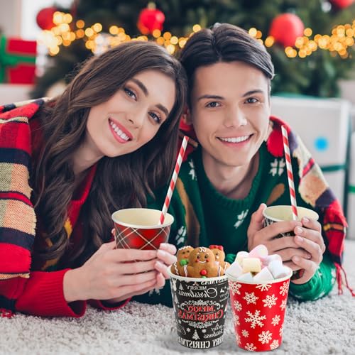 FoldTier 120 Set 9 oz Christmas Hot Cocoa Paper Cups Bulk Disposable Paper Coffee Tea Cups with Straws Christmas Hot Choco...