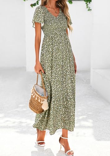 PRETTYGARDEN Boho Dresses for Women 2026 Summer Floral Short Sleeve V Neck Smocked Flowy Beach Vacation Maxi Dress