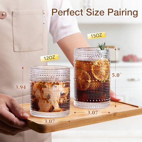 Potdoctor Hobnail Drinking Glasses Set of 8, 4 Highball Glasses 15oz,4 Rocks Glasses 12oz,Mixed Drink Cocktail Glass, Vint...