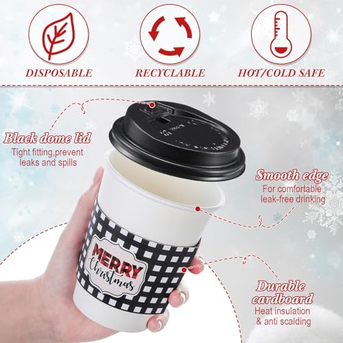 Yungyan 50 Pack 12 oz Christmas Disposable Coffee Cups with Lids and Sleeves Paper Hot Chocolate Cups Cocoa Bar Supplies f...