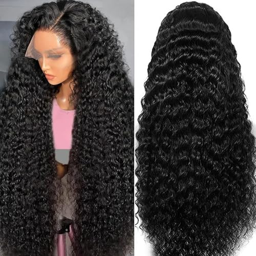 13x6 Deep Wave Lace Front Wigs Human Hair for Women HD Transparent Deep Curly Lace Frontal Wigs Pre Plucked with Baby Hair Natural color(26 Inch)