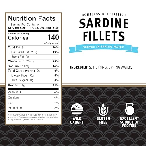Brunswick Sardines in Spring Water, 3.75 oz Can (Pack of 12) - Boneless Butterflied Sardine Fillets - Wild Caught - 18g Pr...