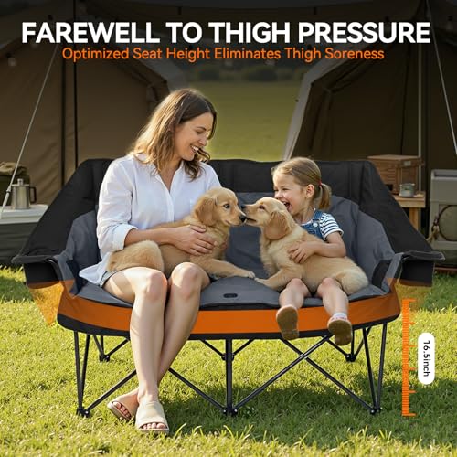 Double Camping Chair Oversized Padded Camping Chairs for Adults Folding Loveseat with Cup Holders and Side Pockets Heavy D...