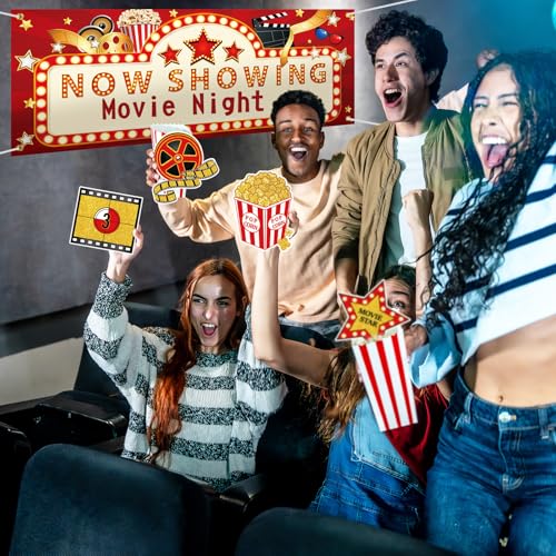 11 Pieces Movie Night Party Decorations Now Showing Banner Photography Background Movie Night Cutouts Double Sided Printin...