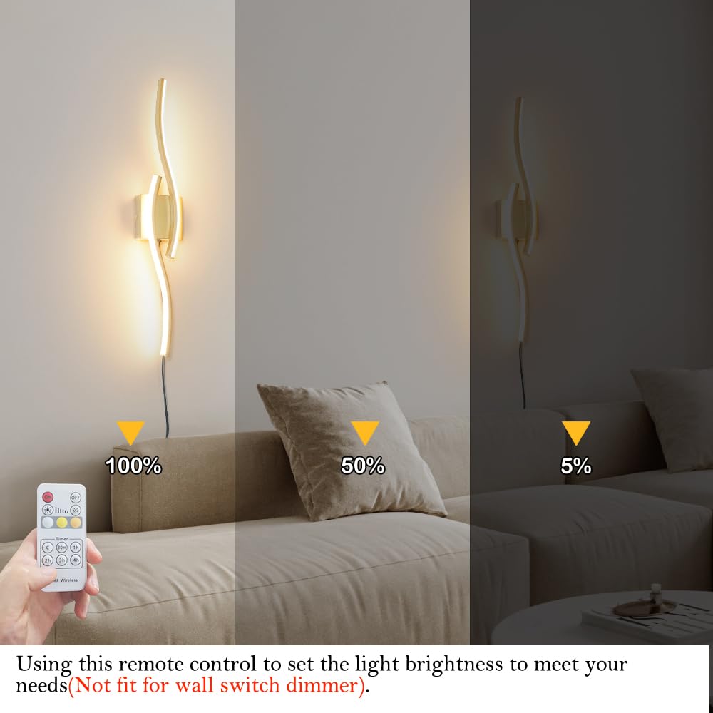 Daunton Modern Gold Plug in Wall Sconce Set of 2, Indoor Dimmable Light Fixture with Plug in Cord for Living Room, LED Sconces Lighting with Remote Control, Wall Lighting Decor for Hallway Bedroom