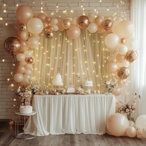 Xiomot Tulle Backdrop Curtain with Lights String 10FT X 8FT Champagne Sheer Tulle Backdrop Curtains for Wedding Birthday P...