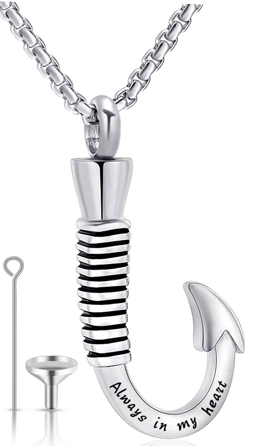 YOUFENG Fishing Hook Urn Necklace for Ashes Stainless Steel Cremation Jewelry Always in My Heart Ashes Necklaces Memorial Keepsa