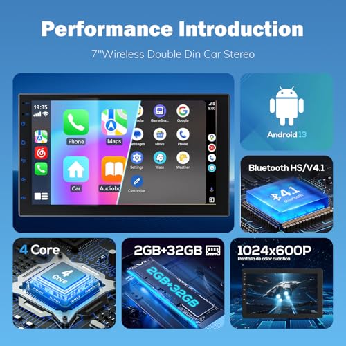 Haudio Double Din Wireless CarPlay Screen for Car, 7" HD Touchscreen with Apple CarPlay, Android Auto, GPS Navigation, Blu...