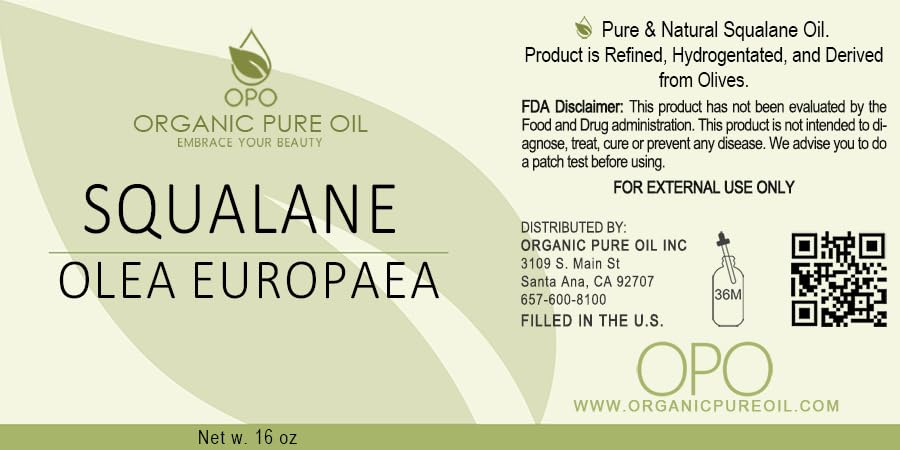 OPO Squalane Oil - Pure, Natural, Plant-Derived, Non GMO, Refined - 16 oz - Squalene Alternative, from Olive - Ultra Hydrating & Moisturizing Carrier Oil - hexane free, cold pressed