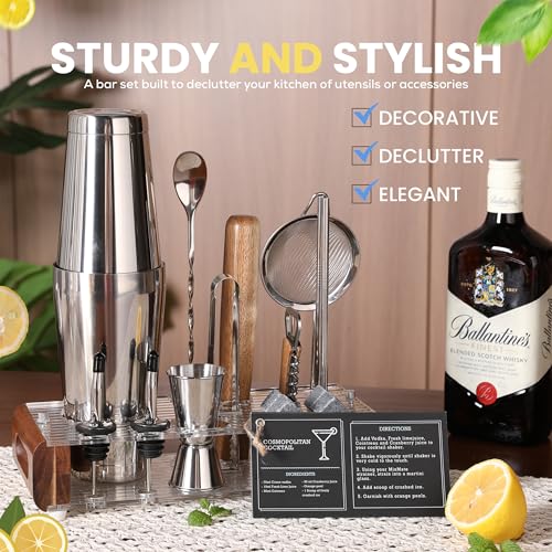 Mixology Bartender Kit with Stand - 15 Piece Bar Tool Set, Silver Bar Set Cocktail Shaker Set for Drink Mixing - Includes ...