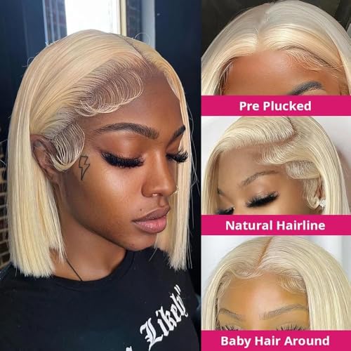 613 Lace Front Wigs Human Hair 200% Density 13x4 HD Lace Frontal Wig Pre Plucked With Baby Hair Glueless Short Straight Bob Wigs for Women (Blonde, 16 inch)