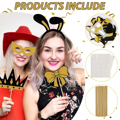 Photo Booth Props, Kaluofan 25PCS Black and Gold Party Decorations, Funny Photo Party Props Accessories for Adults and Kid...