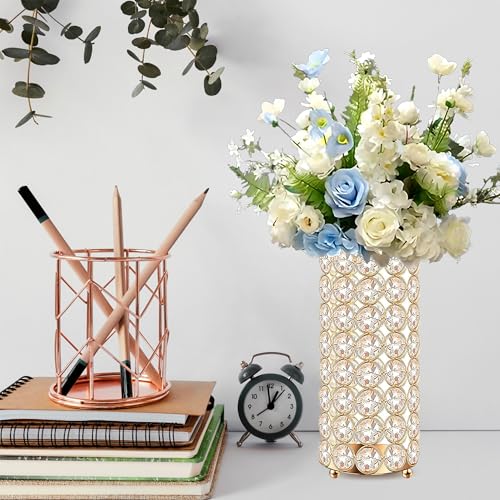 8 Pcs Gold Crystal Flower Vase and Pillar Candle Holder Set, 7.87" Metal Cylinder Stand for Wedding Table Centerpieces, Fl...