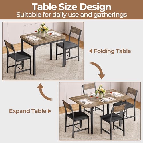 IRONCK 5-Piece Dining Table Set for 4, Extendable Kitchen Table Chairs Set of 4, Dining Room Table with 4 Upholstered Chai...
