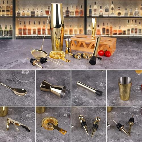 JWJIUEJIU Cocktail Shaker Set Bartender Kit with Bamboo Stand,13 Piece Bar Set Stainless Steel Bar Tools Set for Professio...