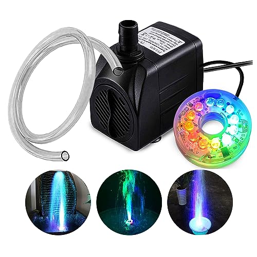 PULACO 160GPH Small Fountain Pump, 10Watt Submersible Pump with Automatic Color Changing LED Light and 3.3 ft Tubing for W...
