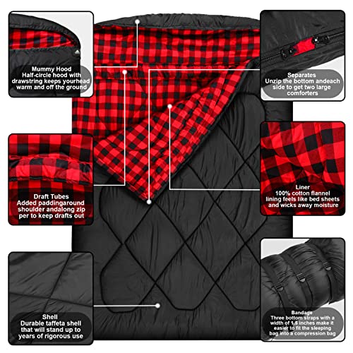 AGEMORE 0 Degree Double Sleeping Bag for Adults, Cotton Flannel Lined 2 Person Queen Size Warm Sleeping Bag for Family Win...