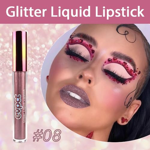 evpct 1Pcs Taupe Mauve Glitter Metallic Shimmer Diamond Lipstick Lip Gloss Stain Set for Women Long Lasting Waterproof, Ma...