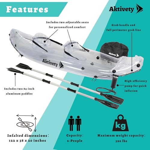 Aktivety – Inflatable Clear Kayak 2 Person Adult – Transparent Tandem Crystal Kayaks with See Through Bottom – Blow Up Hea...