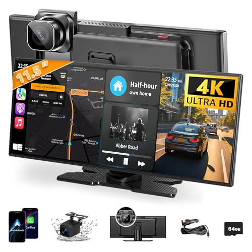 Largest 11.5 inch Wireless CarPlay Screen for Car, A-pple CarPlay & Android Auto HD Touchscreen with 4K Dash Cam/1080P Bac...