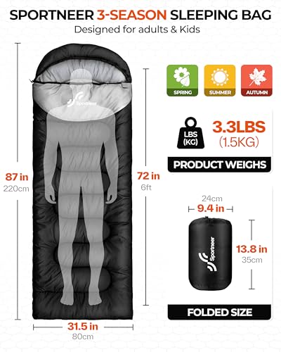 Sportneer Sleeping Bag for Adults & Kids, Cold Weather 3–4 Season Camping Sleeping Bags with 32–65℉ or 50–80℉ Temperature ...
