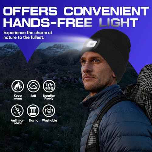Keains Unisex Beanie with The Light £¬Rechargeable LED Headlamp Cap£¬ Warm Knit Hats for Winter Safety Gifts for Men Women Dad