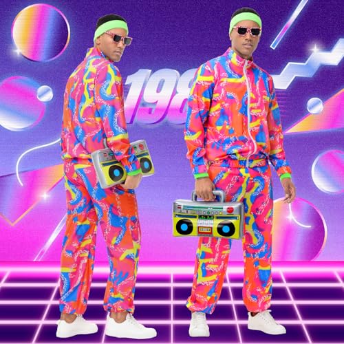 Tosjack 80s Outfit for Men Women,Neon Retro Tracksuit 90s Windbreaker Costume,Hip Hop Party Workout Track Suit Clothing