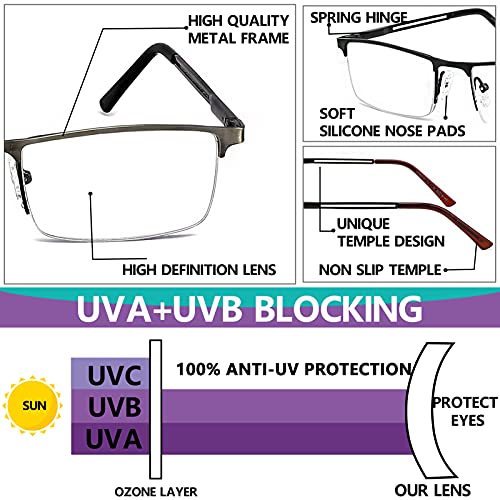 JJWELL 3 Pack Blue Light Reading Glasses for Men, Lightweight Metal Rectangle Semi Rimless Readers for Men, Anti Eyestrai...