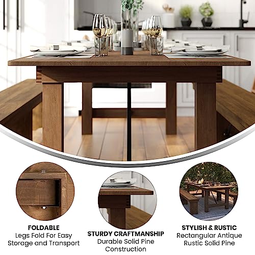 Flash Furniture Hercules Series 9' x 40" Rustic Solid Pine Folding Dining Table, Rectangular Antique Farmhouse Dining and ...