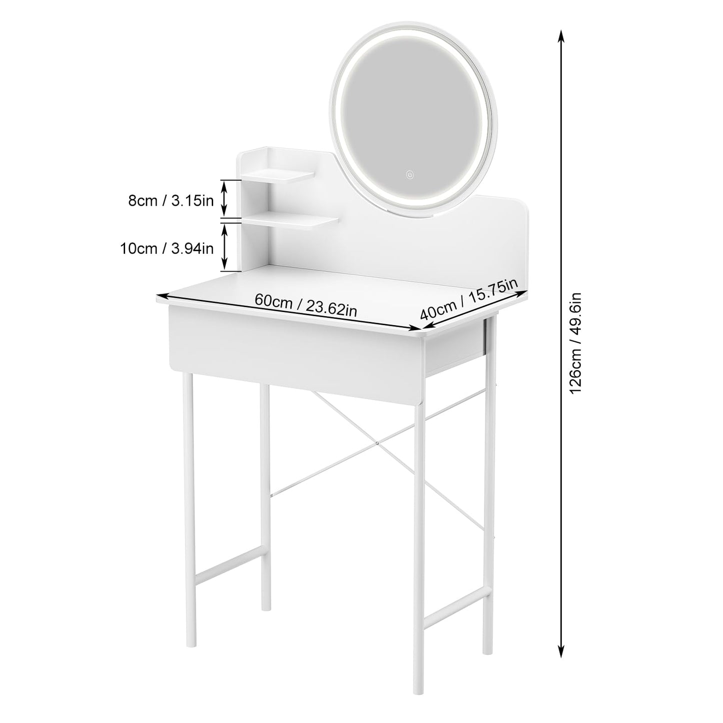 TOLUON Vanity Desk with Mirror & Light - Modern Vanity Table with 1 Drawers, 2 Open Shelves, 3 Adjustable Brightness Levels, White Bedroom Dressing Table White