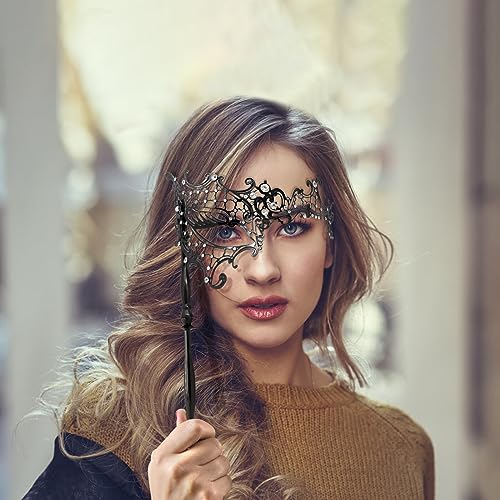 Thmyo Venetian Halloween Mardi Gras Party Mask with Holding Stick, Carnival Handheld Metal Feather Rhinestone Masquerade Mask
