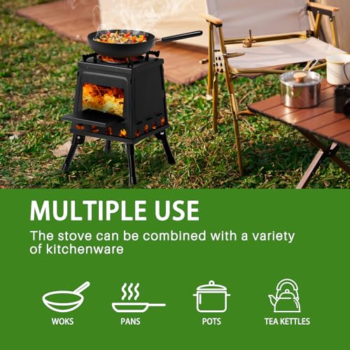 Wood Burning Stove, Portable Cast Iron Camping Wood Stove with Carrying Bag, Firewood Hook, Gloves Woodstove for Backpacki...