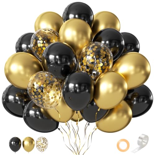 CVPARTYON Black and Gold Balloons, 55 Pcs 12 Inch Metallic Gold Balloons Black Balloon Gold Confetti Latex Balloon for Bir...