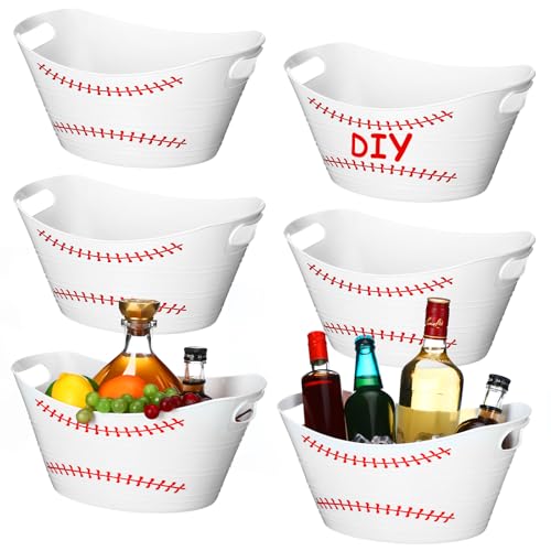 Teenyyou 6 Pcs White Baseball Plastic Ice Bucket Drink Cooler Bulk 4.5l Oval Storage Basket Tub with Handles for Summer Sp...