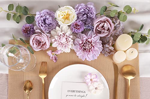 Floweroyal Artificial Flowers Combo Purple Flowers Mix Silk Flowers Dahlia Roses with Stems for DIY Wedding Bridal Bouquet...