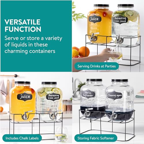 Navaris Glass Double Jar Drink Dispenser with Tap - Includes Metal Stand - For Cocktail Drinks, Lemonade, Water or Beverag...