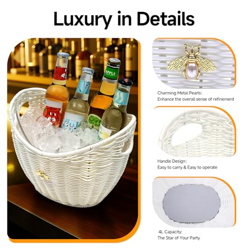 Lexenic Ice Bucket with Handle Hole, Woven and Acrylic Double Layer Basket Design, 4L Champagne Wine Ice Bucket for Cockta...