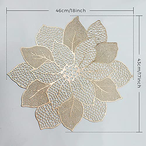 Gold Round Placemats for Dining Table Set of 6 Pressed Vinyl Metallic Table Mats Hollow Out Hibiscus Flower Place Mats for...