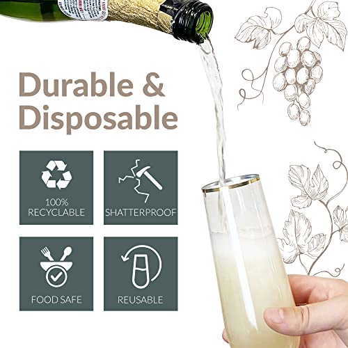Reli. Champagne Flutes Plastic | 25 Pack | 9 oz - Gold Rim Clear | Stemless Premium Plastic Champagne Flutes | Party-Perfe...