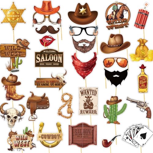 30 Pieces Western Cowboy Cowgirl Photo Booth Props Wild West Themed Party Decoration Rodeo Party Decorations with Wanted S...