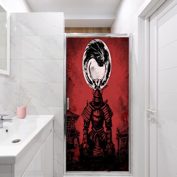 Japanese Samurai Window Film Abstract Vintage Samurai Blossom Dragon Full Moonstained Glass Window Film,Playroom Window Film,Nursery Window Film 35.4Wx78.7L-Inch X1Pcs