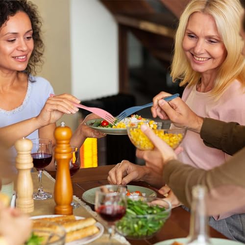 Large Reusable Plastic Compartments with Knives, Forks and Spoons, 9 Colours Portable Camping Utensils Tableware for Adult...