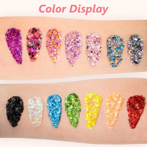 14 Colors Body Glitter,Face Glitter Makeup for Kids Women,Sparkly Chunky Hair Glitter for Eye Lip Nails,Mardi Gras Glitter...