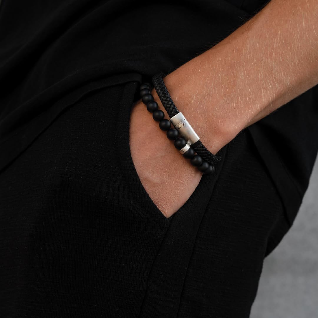 LUXAR Mens Genuine Leather Bracelets | Interwoven Black Leather Bracelets with Brush Stainless Steel Clasp | Minimalist, Designe