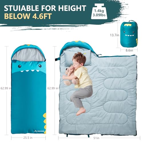 BISINNA Kids Sleeping Bag for Boys Girls with Pillow 3 Season Camping Sleeping Bag Portable for Children Hiking Backpackin...