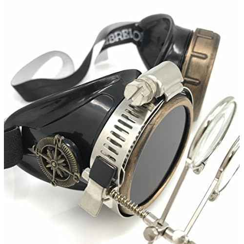 Steampunk Victorian Style Goggles with Compass Design & Ocular Loupe, Rave Glasses