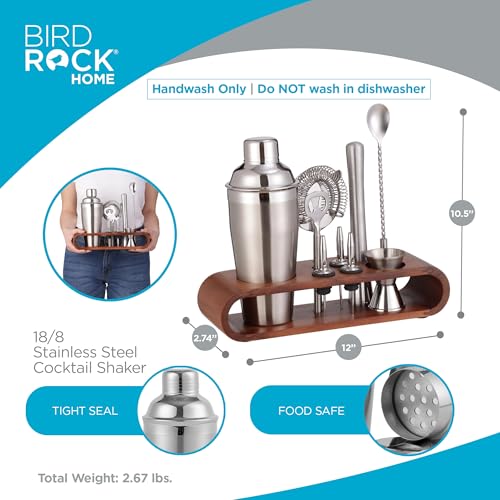 BIRDROCK HOME 10 Piece Professional Bartender Cocktail Mixing Set with Acacia Wood Stand | Stainless Steel Bar Tools for H...